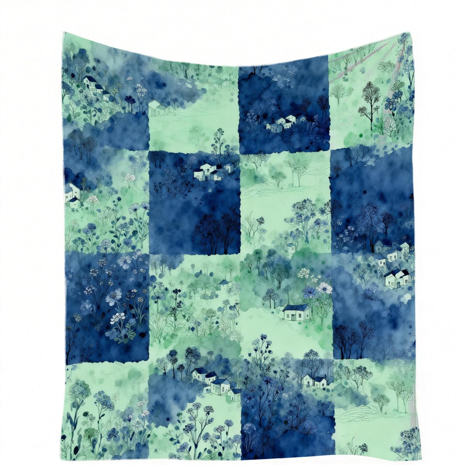 1 Piece Watercolor Landscape Checkered Blanket, HD Digital Single-Sided Printed Flannel Throw Blanket, Ultra Soft Cozy Blanket for Sofa, Bed and Travel, Aesthetic Decorative Gift Blanket