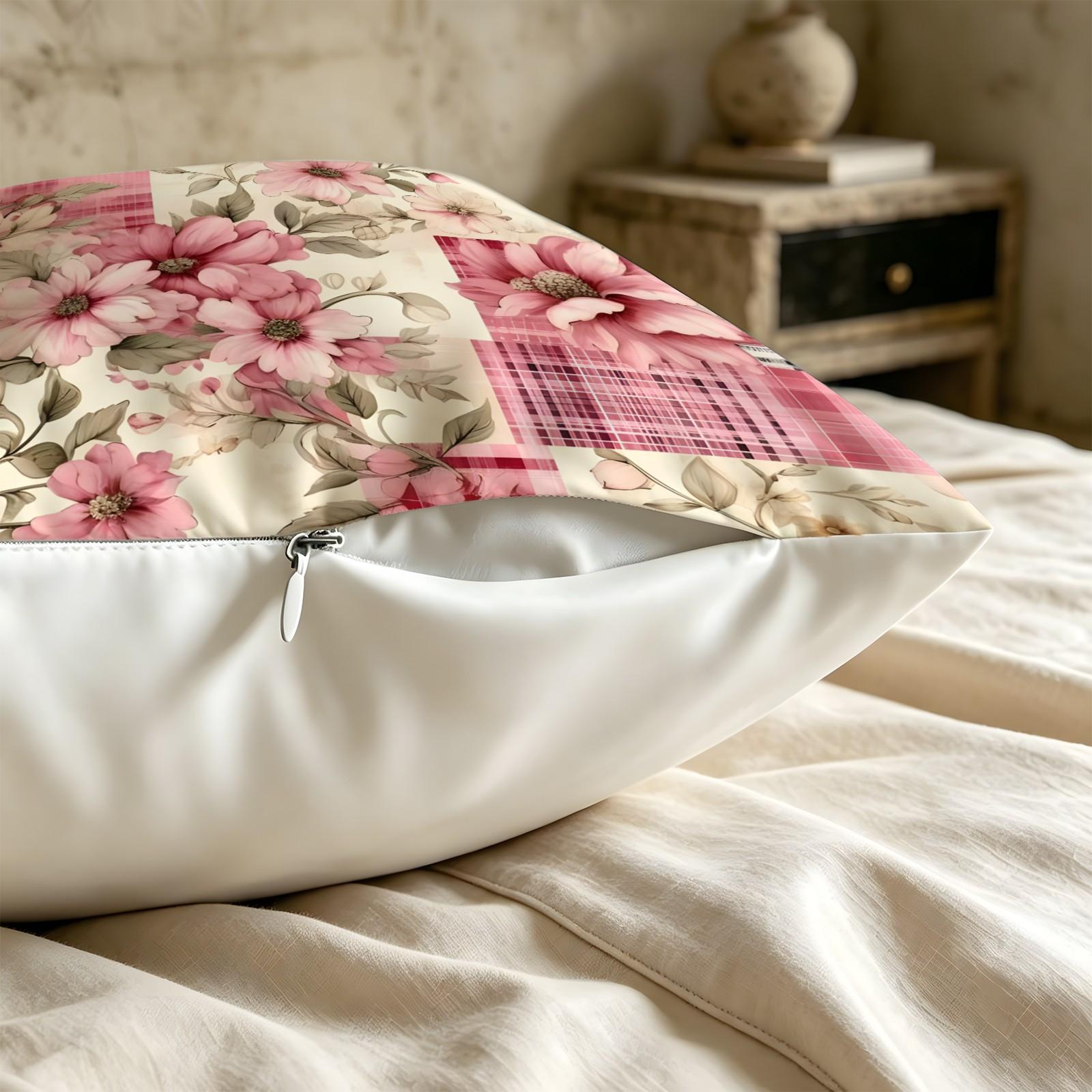 Vintage Floral Gingham Patchwork Digital Print Throw Pillow, Soft Square Decorative Accent Pillow Cushion Includes Pillow Core, Cottage Style Pillow for Sofa Couch Window Bench, Machine Washable Country Home Decor Gift for Women, Polyester Fiber Cushion