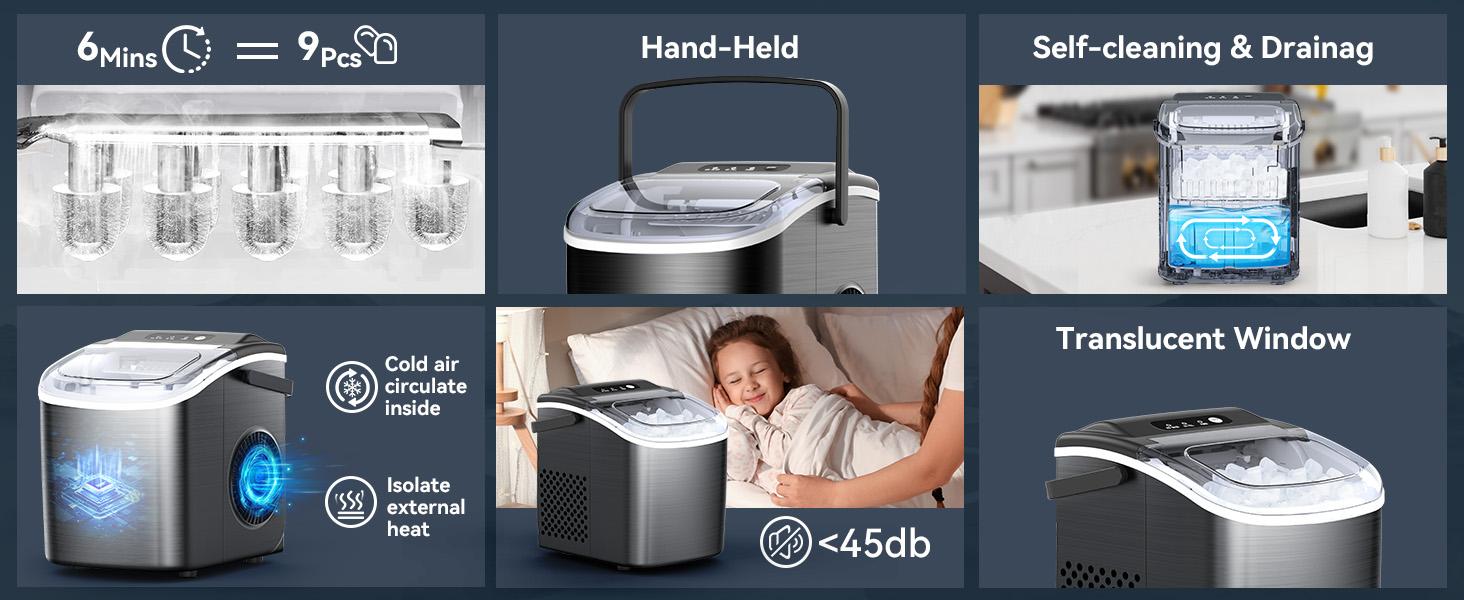 COWSAR Bullet Ice Maker Countertop, Staninless Steel or ABS Plastic,  with Self-Cleaning, 26.5lbs/24Hrs, 6 Mins/9 Pcs Bullet Ice, Portable Ice Maker for Kitchen/Home/Office/Party/RV