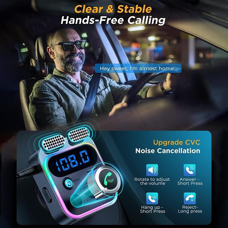 Fiowima USB C Bluetooth Adapter for Car, AUX Wireless FM Radio Transmitter, Handsfree Calling & Audio Receiver, MP3 Music Player, QC3.0 & Type-C PD USB Charger