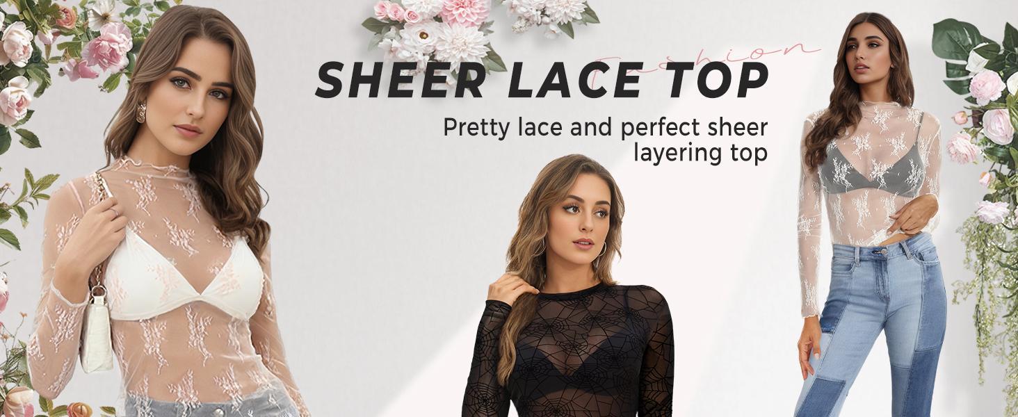 Women's 3-Pack Comfortable Lightweight Sheer Floral Embroidered Lace Long Sleeve Mock Neck Blouse Outfits, Black+White+Coffee, Polyester Edit Style Layering Lace Top for Camping & Outdoor Activities