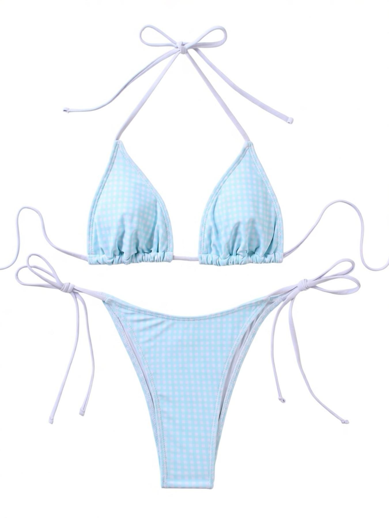 2pcs/Set New Plaid Halter Tie Side High Cut Spaghetti Strap Bikini Swimwear, Blue & White Beach Vacation Women Swimwear For Summer