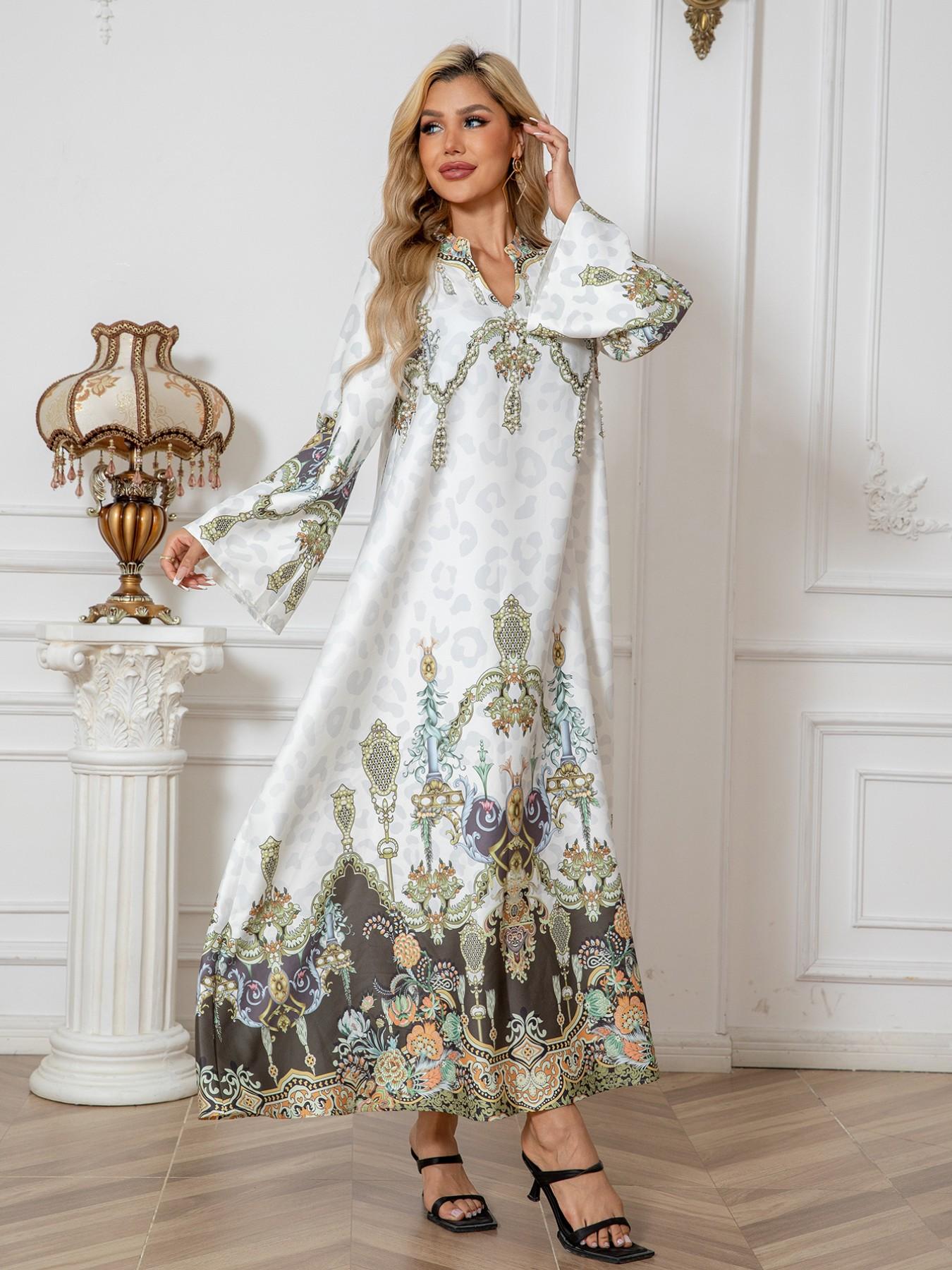 Cross-Border Muslim Robe Printed Beaded Long Dress, Abayas Rhinestone Elegant Style, Women's Fashionable Long Skirt Dress