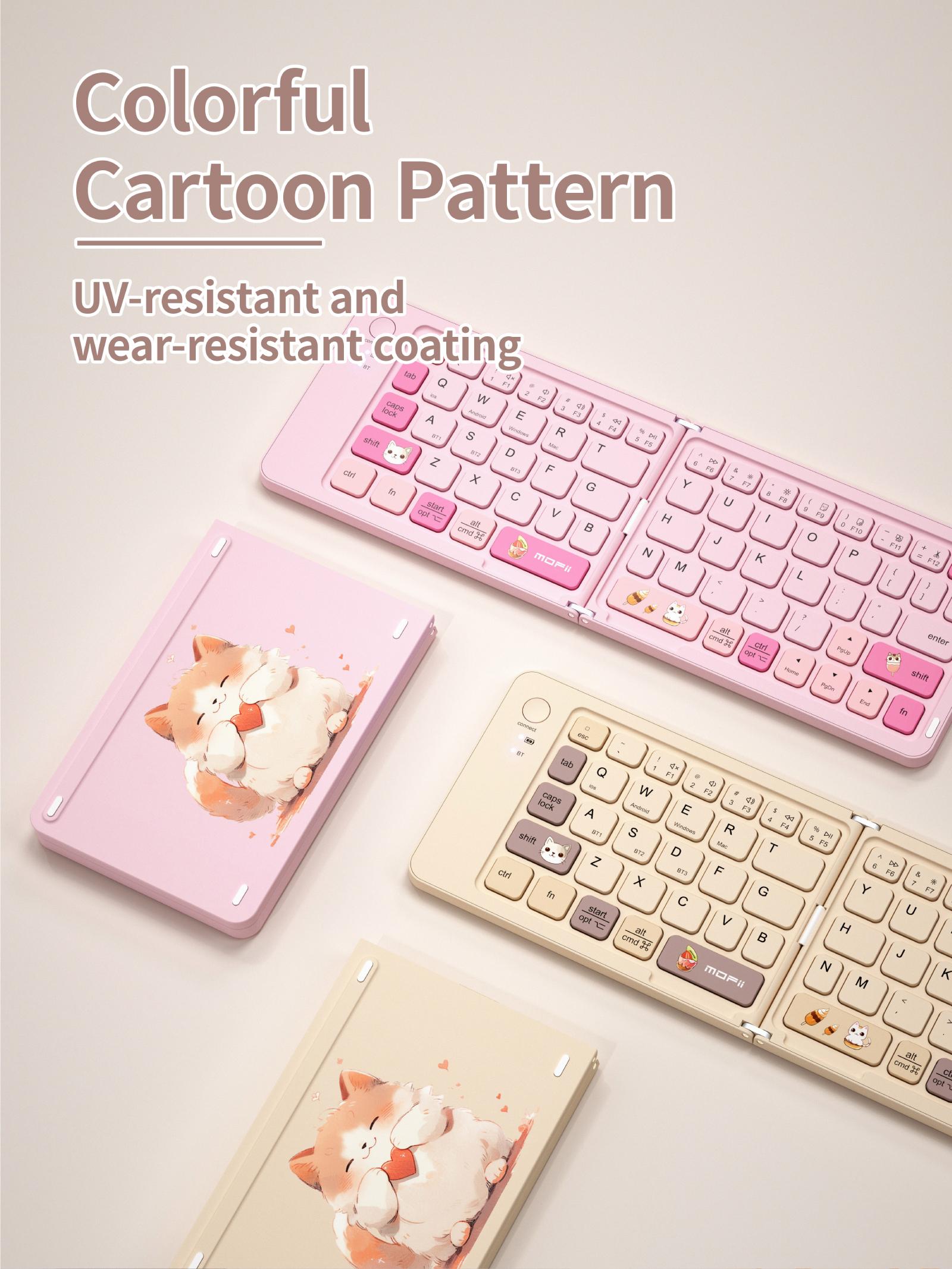 MOFii 1 Pc Z1 Pink Cat Foldable Bluetooth Keyboard, Rechargeable Portable Office Keyboard, Cute iPad Tablet Essential for Girls, US Qwerty