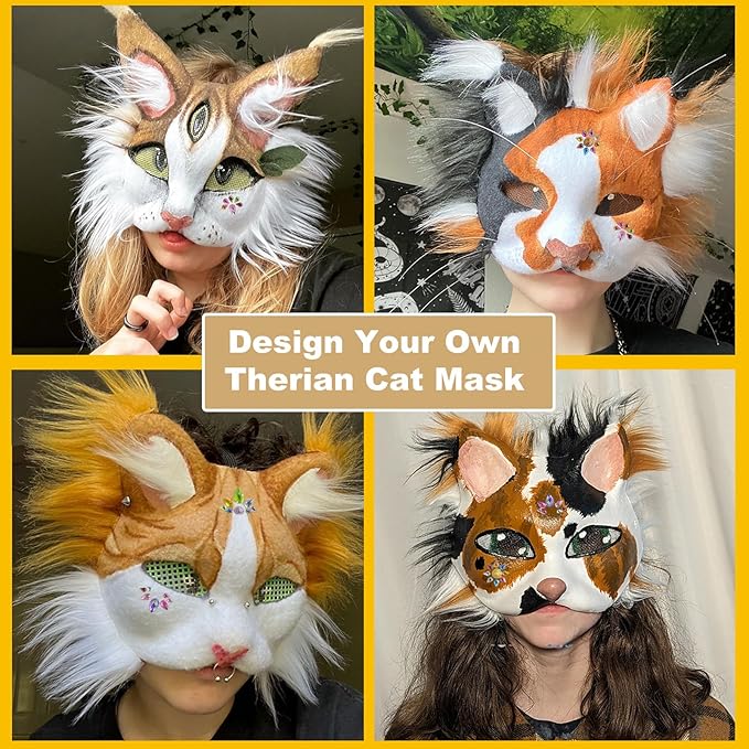 31 Pcs Therian Mask Kit Blank Cat Mask White Therian Masks Half Face Hand-painted DIY Masks for Masquerade Cosplay Party Gifts