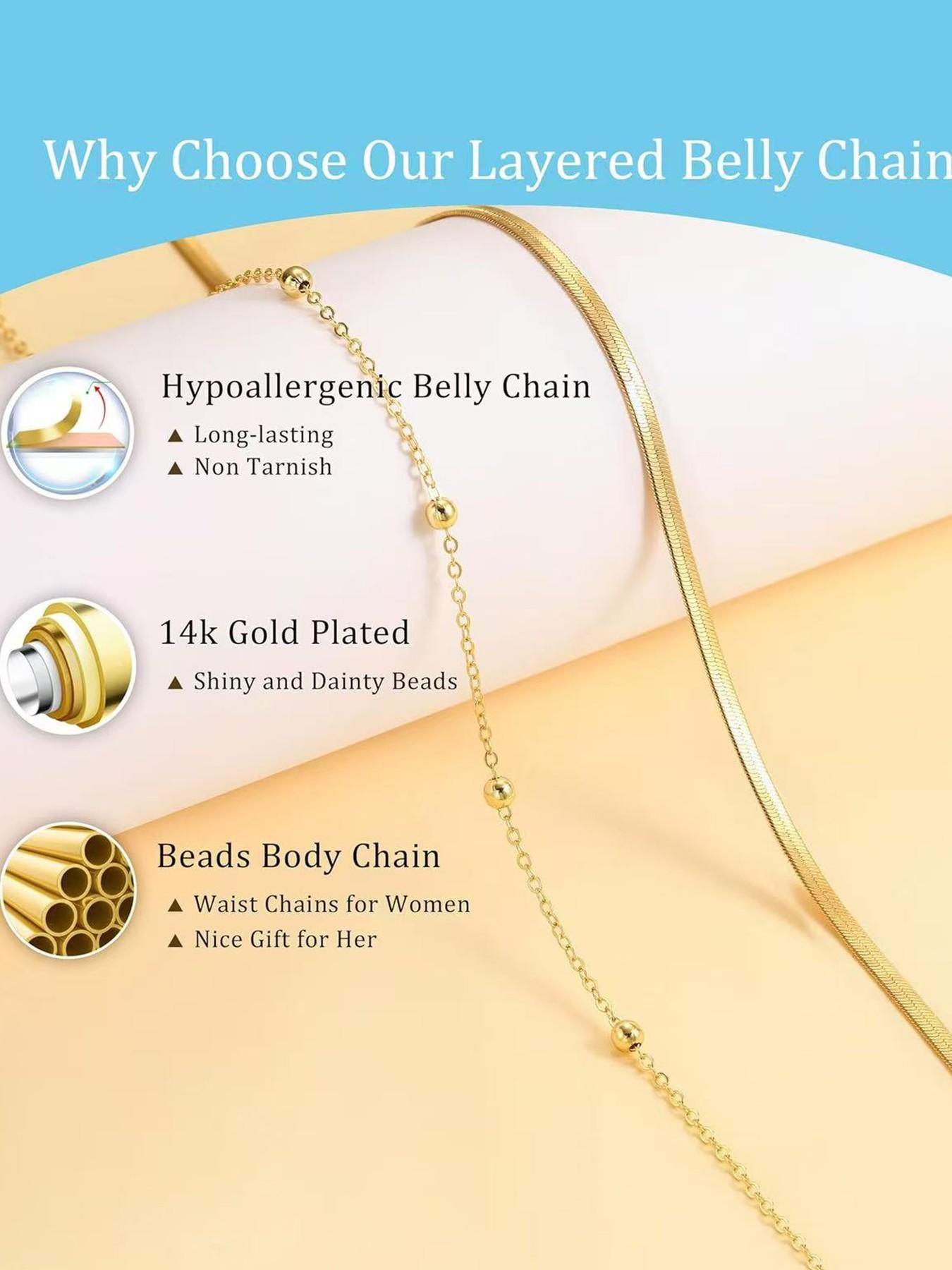 14K Gold Plated & Silver Plated Layered Waist Chain for Women Snake Cuban Link Belly Chain, Summer Beach boho minimalist Body Jewelry Accessories