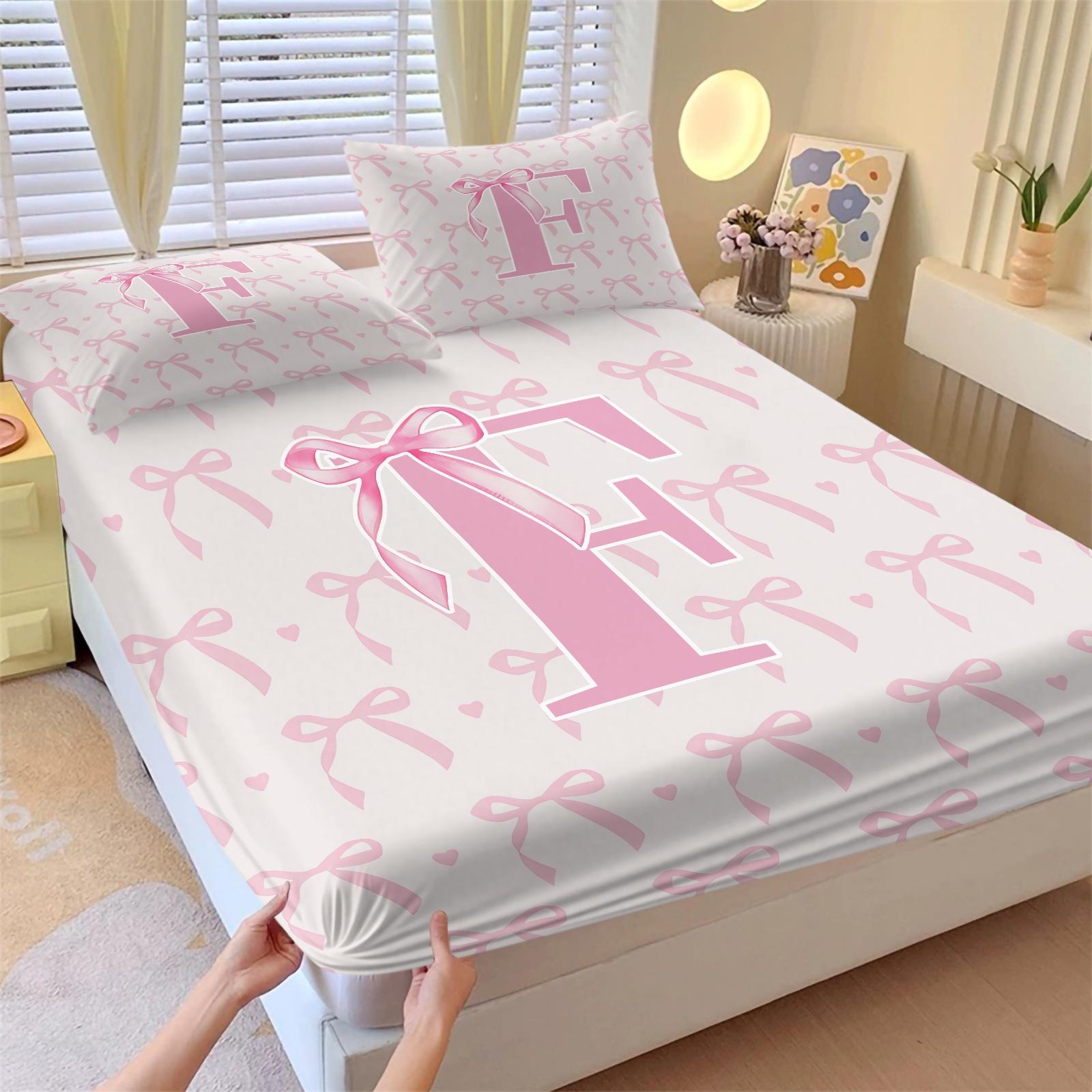 3Pcs Pink Bow Fitted Sheet Set, Custom Initial Sweet Print, Breathable Non-slip Fit, Ideal for Bedroom Dorm Home Decor