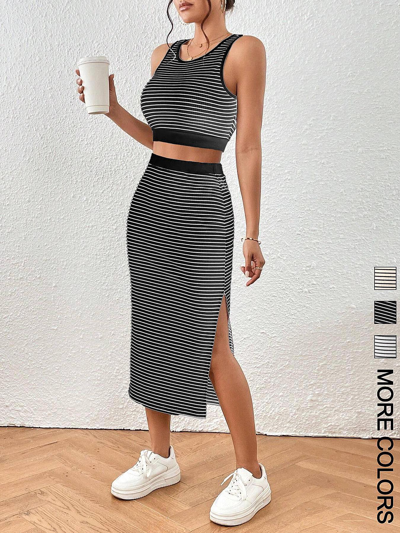 Women's Striped Print Crop Top & Skirt Two-Piece Set, Casual Fashion Cozy Top & Skirt for Daily Outdoor Wear, Ladies Clothes for All Seasons