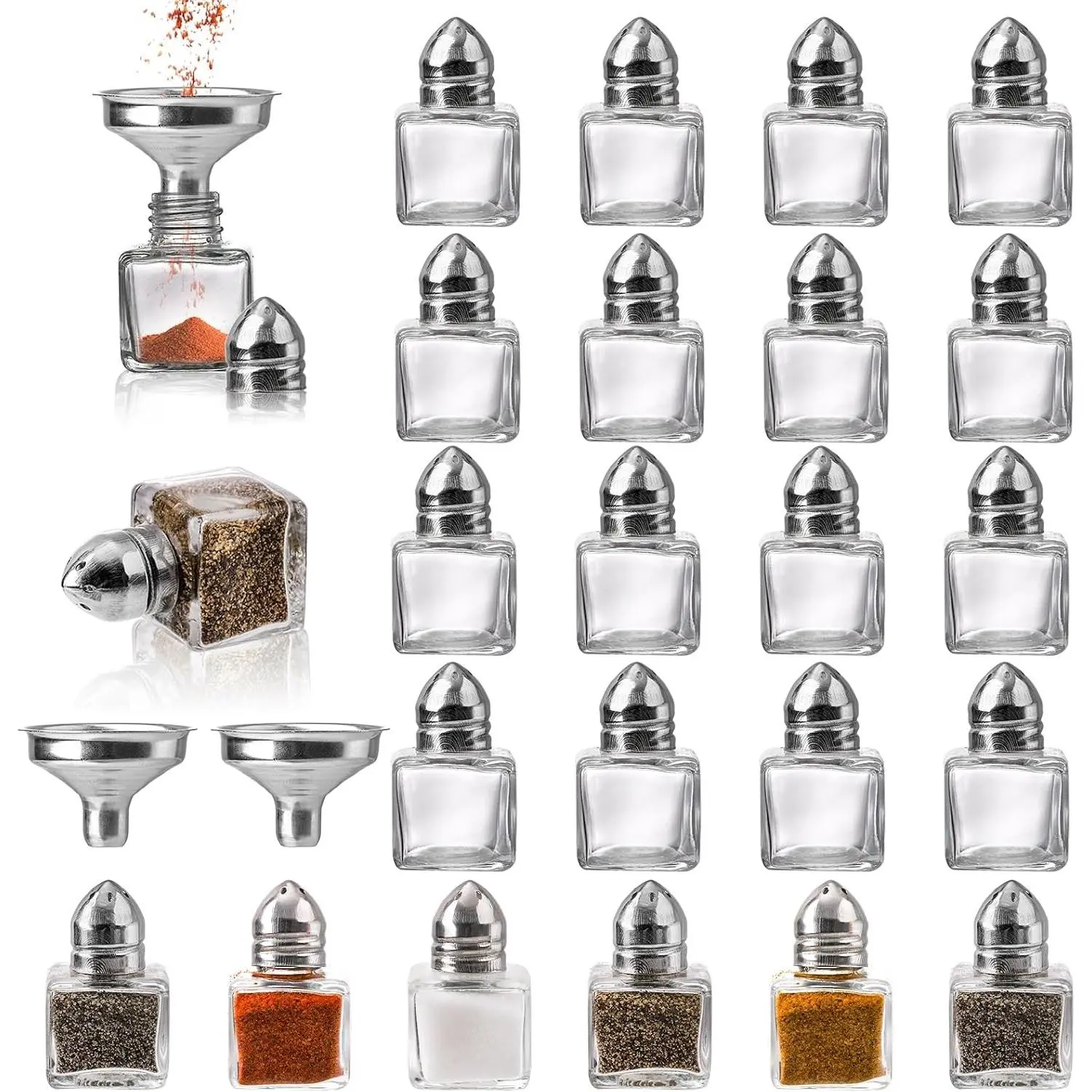 Set of 24 Small Salt and Pepper Shakers, 0.5 oz Mini Glass Seasoning Jars with Funnel, Glass Cube Body Spice Pepper Pots for Wedding, Party, Restaurant, Home Kitchen Supplies