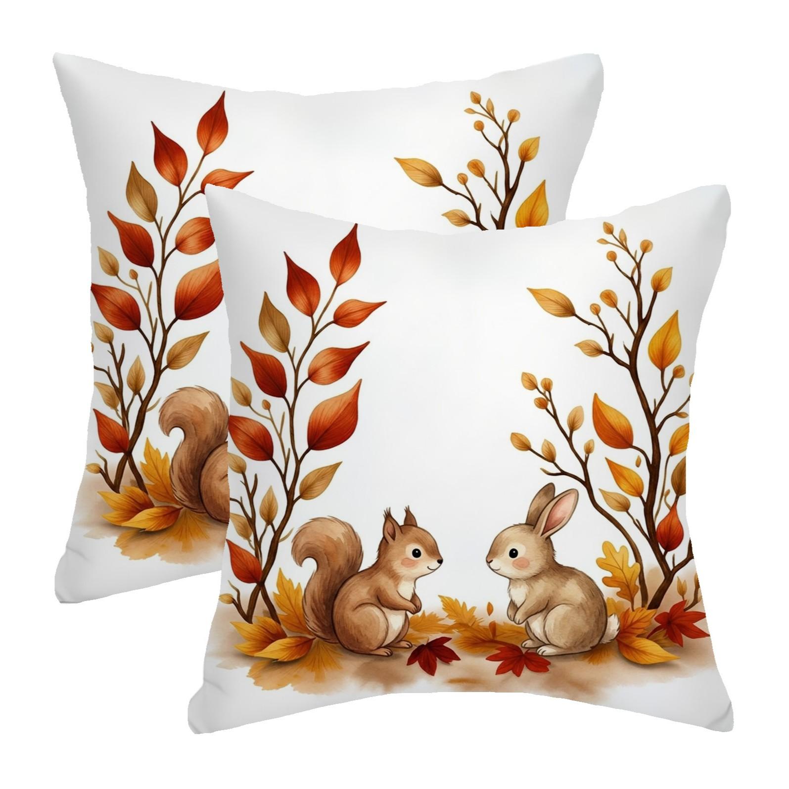 Autumn Squirrel & Rabbit Leaves Pillow Cover, Decorative Throw Pillows for Home Decoration, Fall-Themed Bedroom Accessories