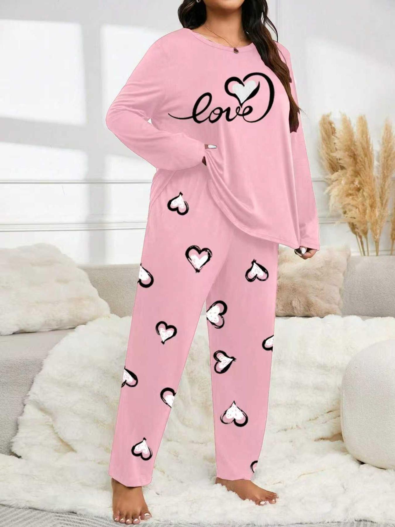 Plus Size Women's Heart Print Long Sleeve Pajama Set, Casual Fitted Sleepwear, Pajamas Sets, Comfortable Home Wear for Fall & Winter