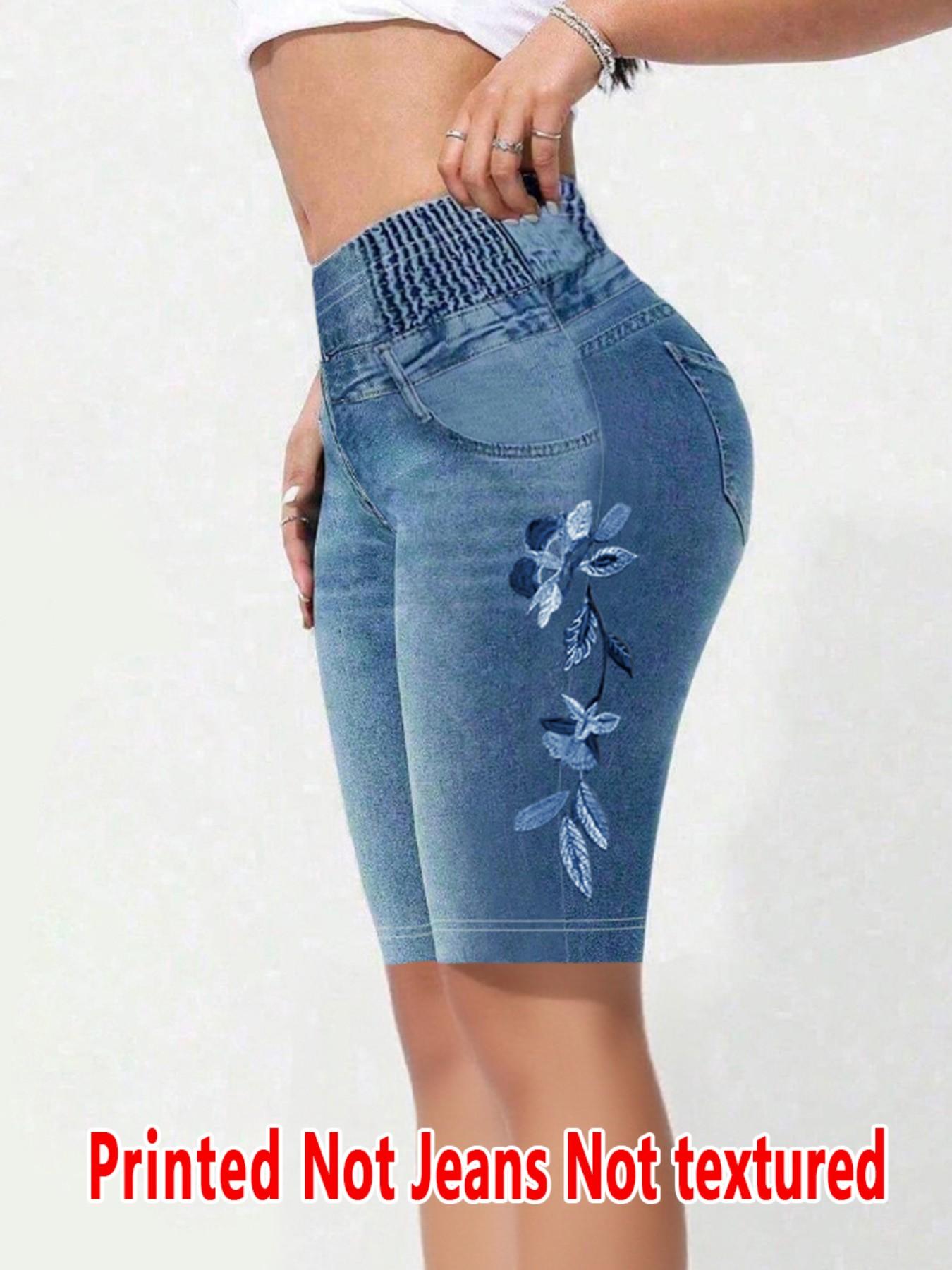 Women's Printed Skinny Pants Non-Denim Fabric, Ladies Short Five-Pocket Bottoms, Faux Denim Print Base Pants for All Seasons