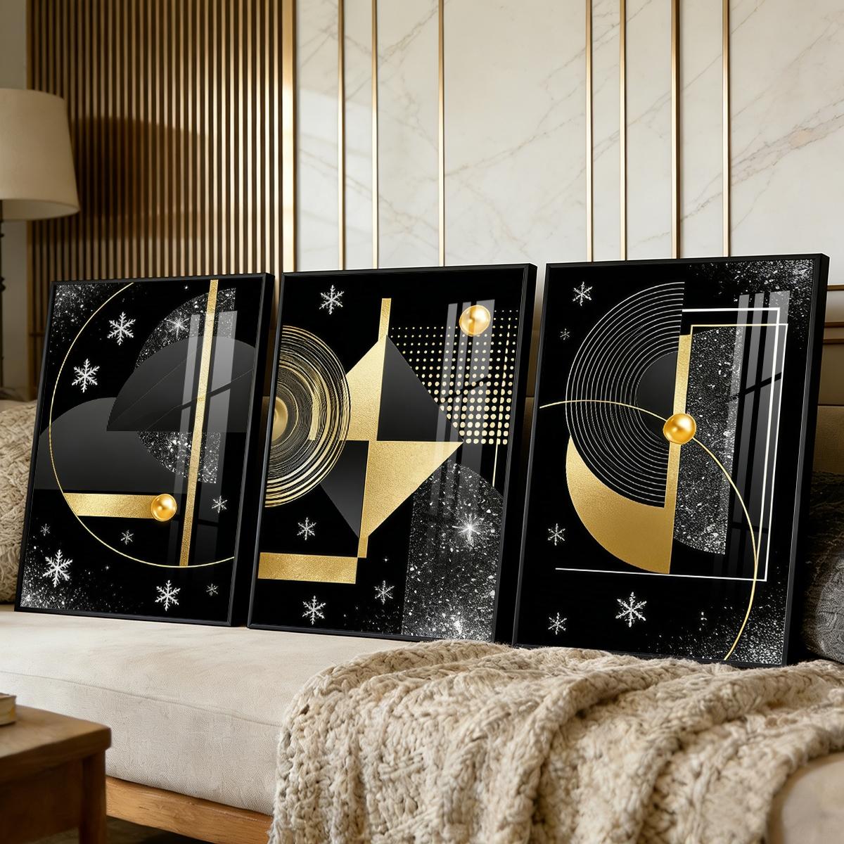 3 Counts Aluminum Alloy Framed Painting, Geometric Gold And Black Abstract Art Pictures, Home Decoration For Living Room, Bedroom, Office, Restaurant, Hallway Wall Decor, Odorless Print Artwork, Luxury Perfect Gift For Friends And Family