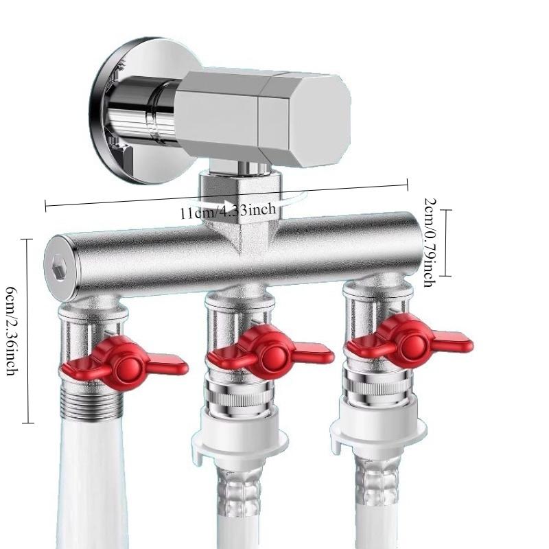 No need to disassemble the original faucet. Washing machine faucet splitter, one inlet three outlets with switch, 6-point quick-install buckle water diverter valve