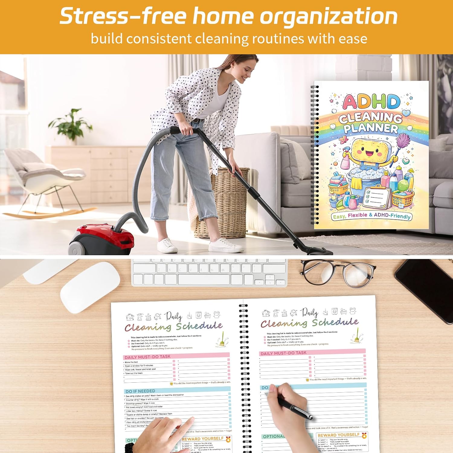 Paper-Based Household Chore Planner Notebook for Adults - Organizer with Daily/Weekly/Monthly Cleaning Schedules, Checklists, Room-Specific Layouts, Durable Wire Binding & Thick Paper for Efficient Task Management