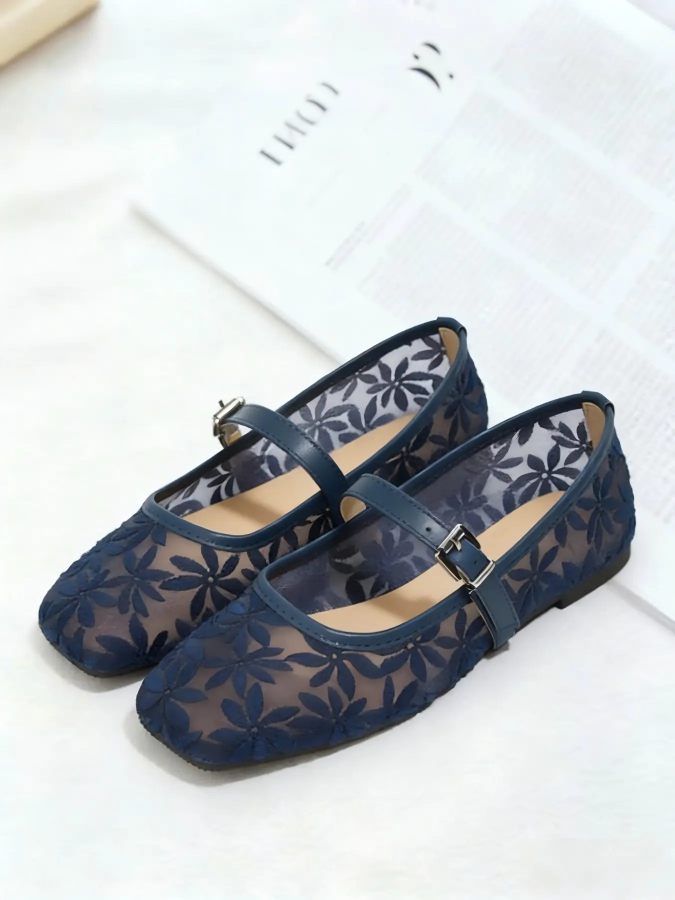 Women Breathable Mesh Soft Cushioned Non Slip Lightweight Flats, Summer All Season Daily Office Date Vacation Wedding Guest Bridesmaid Footwear, 3D Floral Embroidery Sheer Mesh Adjustable Buckle Square Toe Balletcore Coquette Vintage Mary Jane Flats