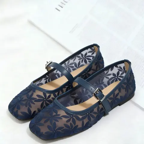 Women Breathable Mesh Cushioned Non Slip Lightweight Flats, Casual Fashionable Flats, All Season Daily Office Date Vacation, 3D Floral Embroidery Sheer Mesh Adjustable Buckle Square Toe Balletcore Coquette Vintage Mary Jane Flats