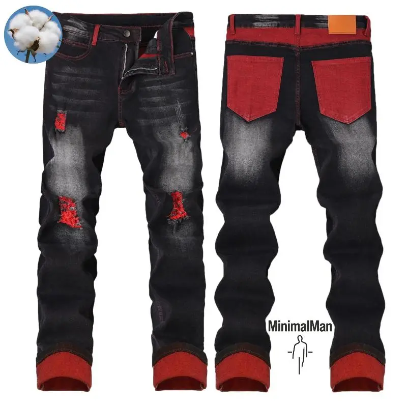 Men's High Cotton Distressed Ripped Slim Bootcut Jeans, Black Washed Red Patch Frayed Denim Pants with Red Stitching Detail for Hip Hop Streetwear Casual Outfits Suitable for all seasons