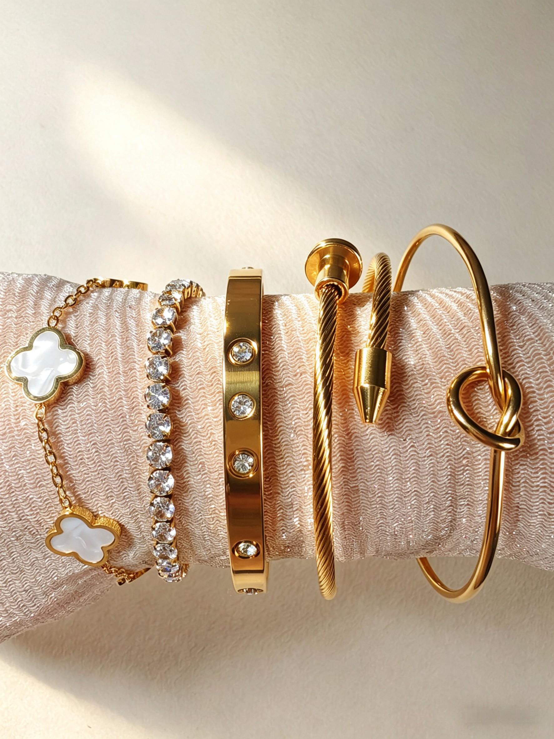 5 Piece French Luxury Bracelet Set, Stackable Rhinestone Clover Heart Nail Bracelets, Perfect for Dates and Career Wear