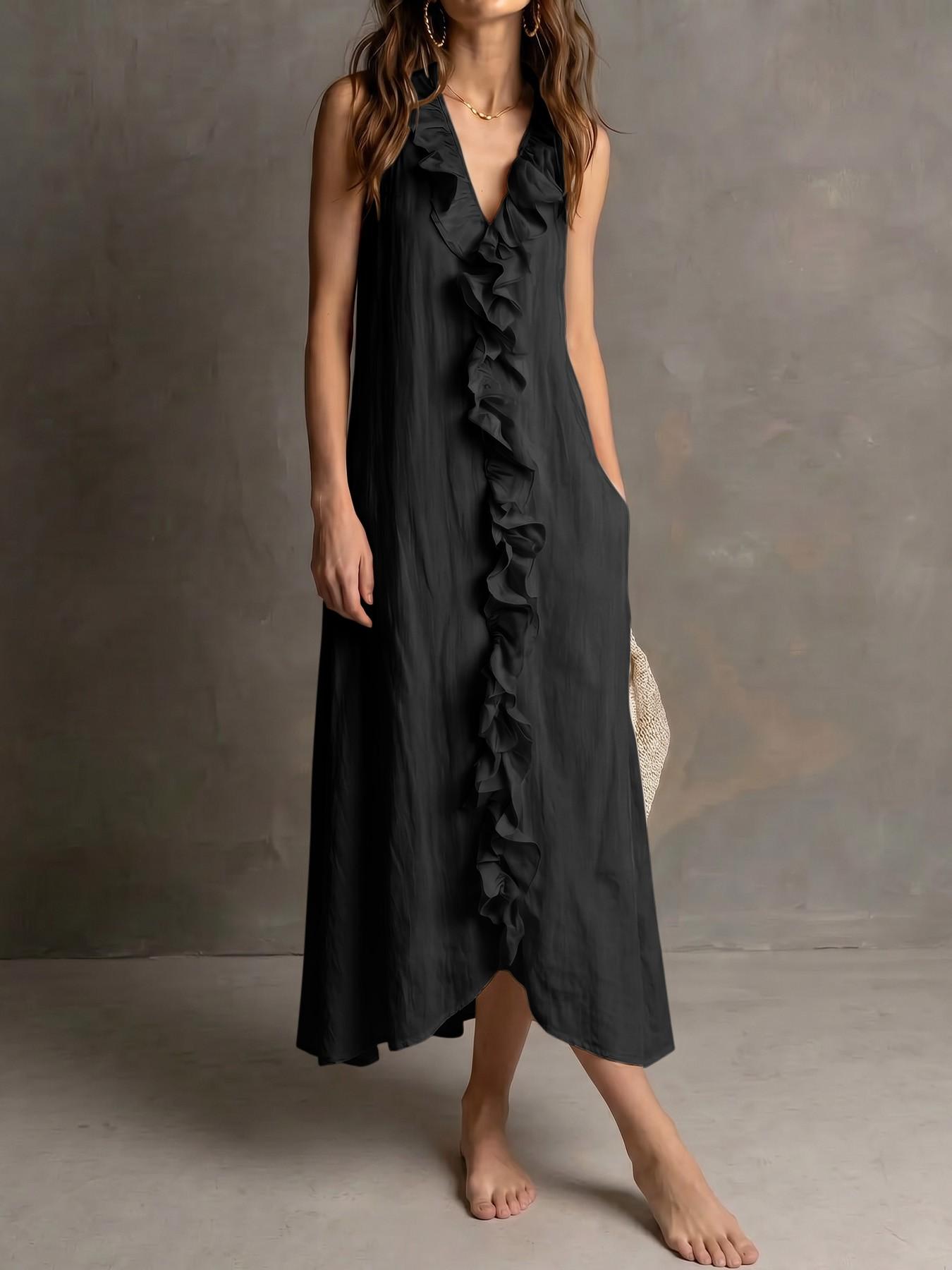 Elegant Chic Summer Boho Bohemian V-Neck Sleeveless Halter Maxi Dress for Women with Ruffle Trim, Comfortable Textured Fabric, Pockets, Multi-Size, Casual Wear, Everyday & Vacation Wear, Womenswear