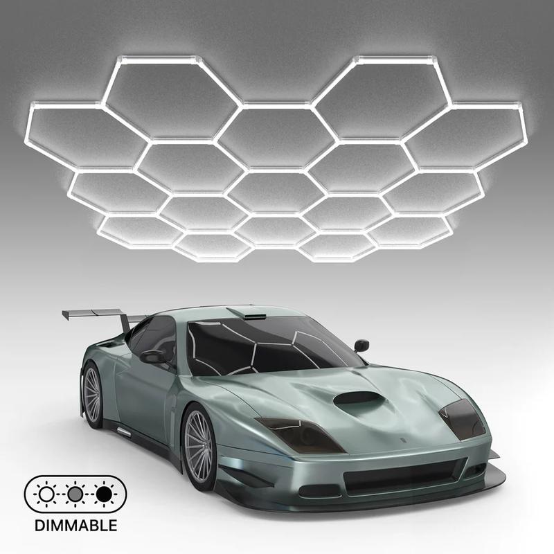 HYPERLITE hexagon LED lights, offering  9900/15840/30360/38280/60720 LM hexagon lights brightness for garage detailing, gyms, and shops Honeycomb Lights, with 3-level dimming control led hexagon lights,Adjustable Lighting，Jumpstart newyear
