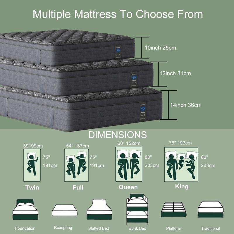10"12“14”-Inch Twin，Full，Queen，King，Luxury Hybrid Mattress -Memory Foamand Individual Pocket Springs for UltimateComfort and Support -Perfect for Family Roomsand Hotels in