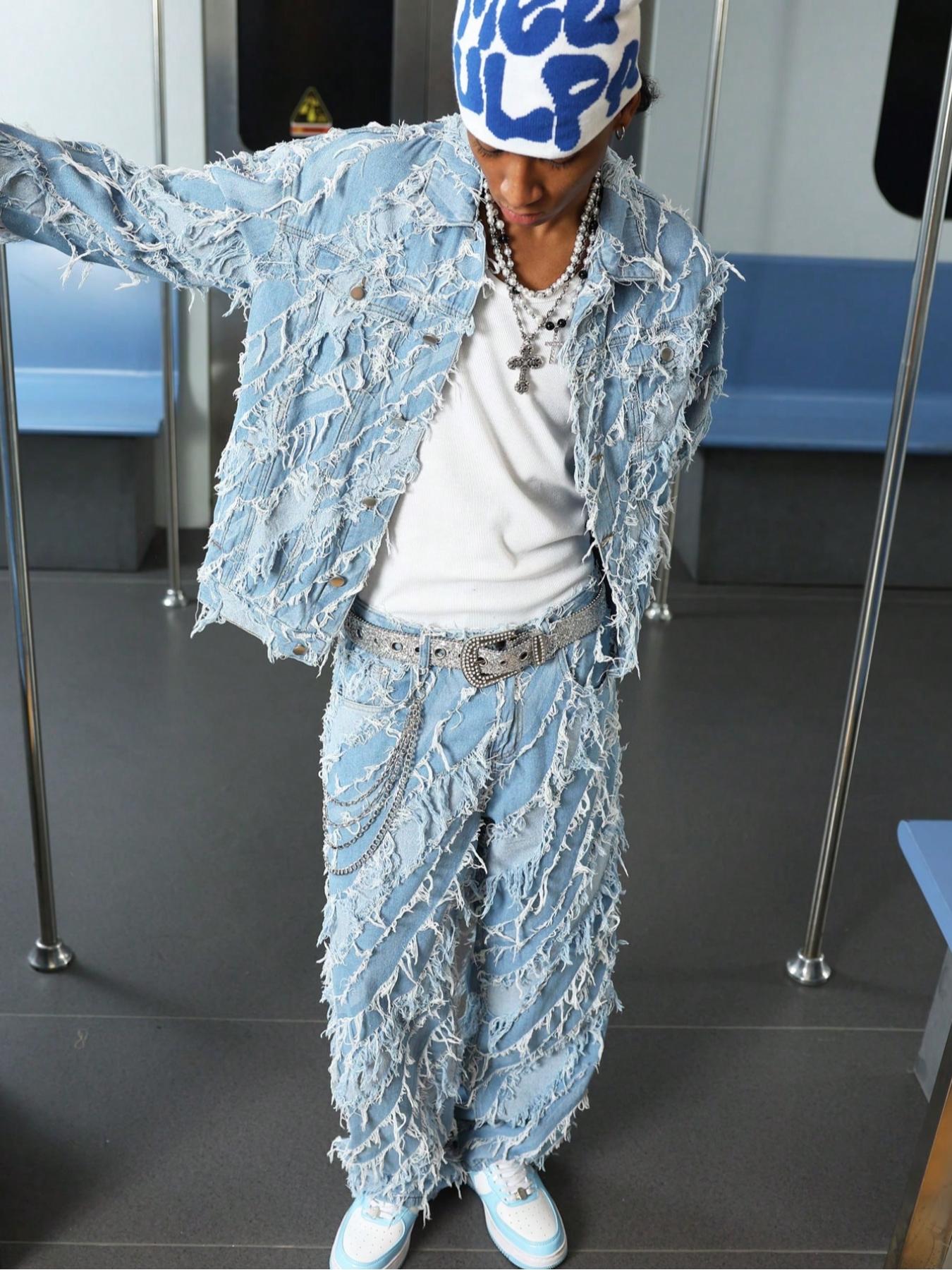 Men's Street-Style Trendy Frayed Straight-Leg Jeans with Pockets. Loose Distressed Long Pants, Retro, Vintage & Fashionable, Comfortable & Slim-Fit, Suitable for Men's Daily Casual & Outdoor Wear.