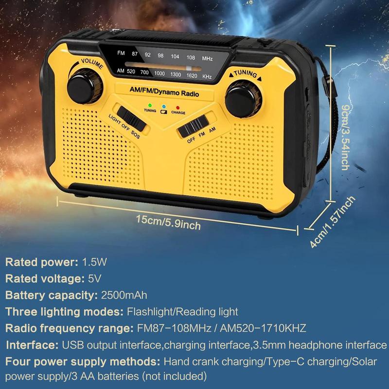 Solar AM/FM Portable Multifunctional Radio with Flashlight, Reading Lamp, SOS Alarm – 2500mAh Power Bank, Crank & Battery Powered for Camping, Hiking & Emergency Survival Gear