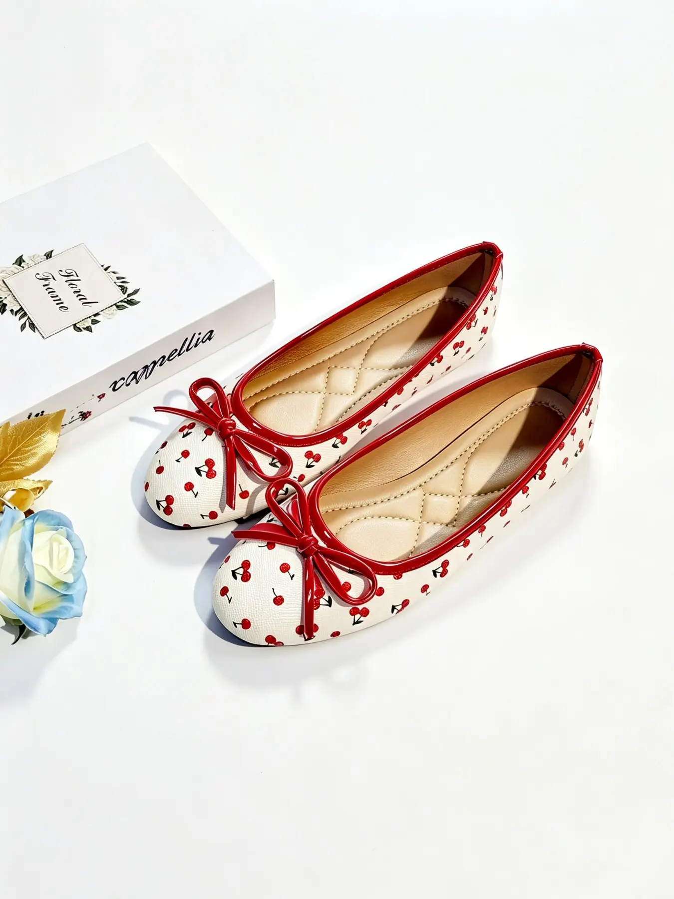 French Style Women's Flat Shoes, Round Toe Fruit Pattern with Bow, PU Leather, Comfortable and Durable, Ideal for Daily Wear