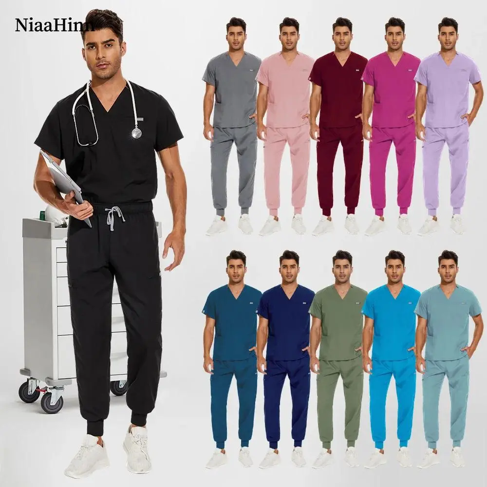 Hospital Doctor Nursing Set Unisex Wholesale Casual Suits Short Sleeved V-neck Tops Jogger Pants Pharmacy Work Uniforms