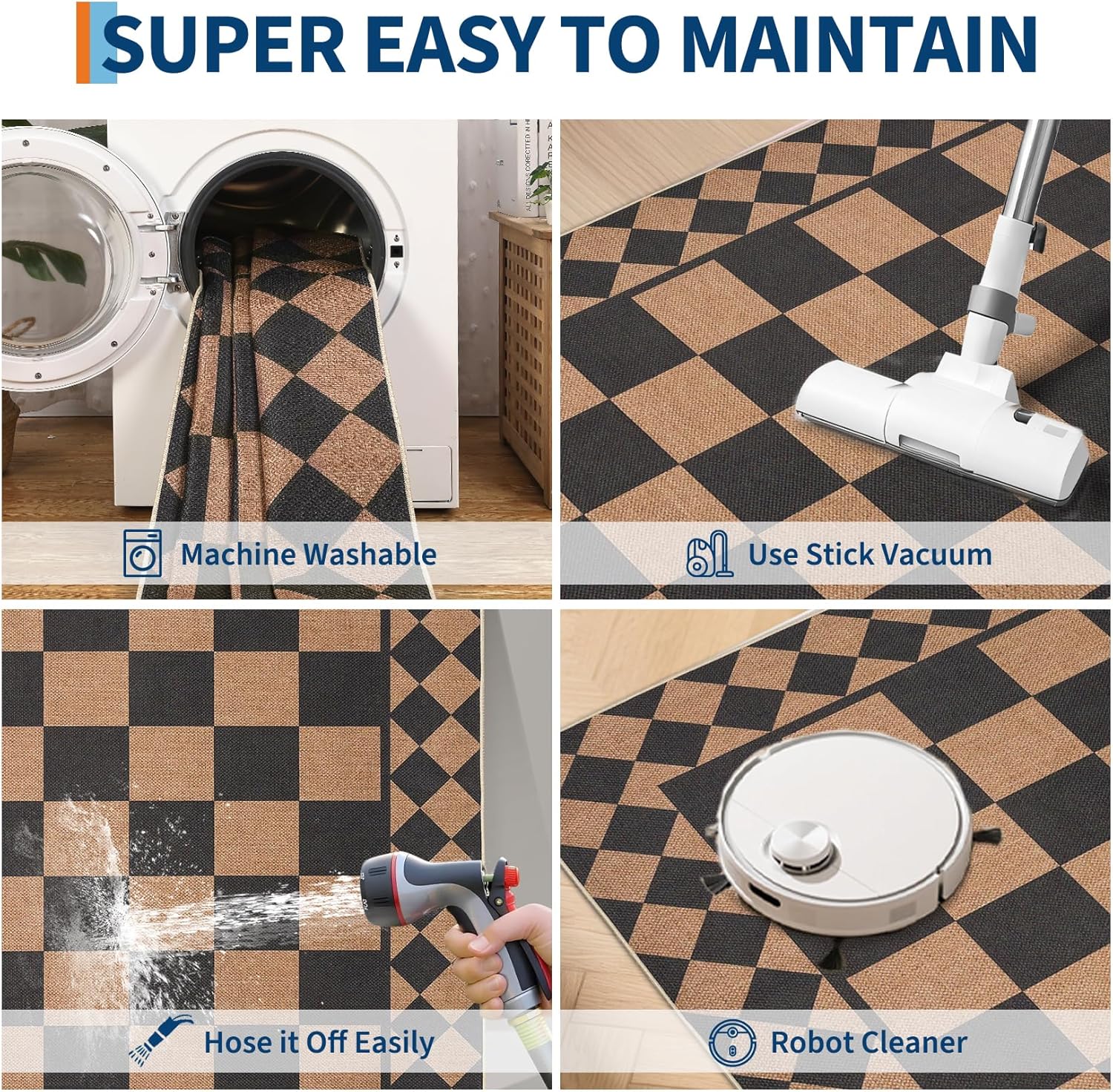 Easy Jute Hallway Runner Machine Washable Low Pile Carpet Runner with Non-Slip Backing, Non Shedding Checkerboard Kitchen Rugs, Foldable Indoor Outdoor Carpet for Patio, Laundry