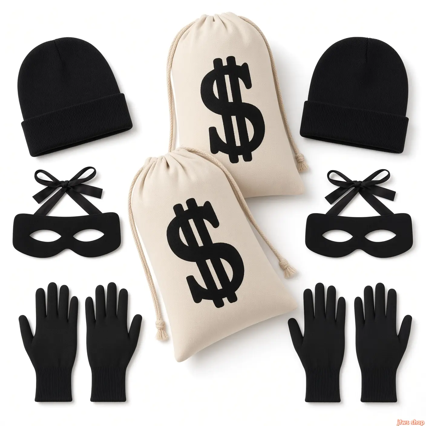 8 Pieces Robber Costume Set, Include Canvas Dollar Sign Money Bags Bandit Eye Mask Knit Beanie Cap for Halloween Cosplay Burglar Theme Party