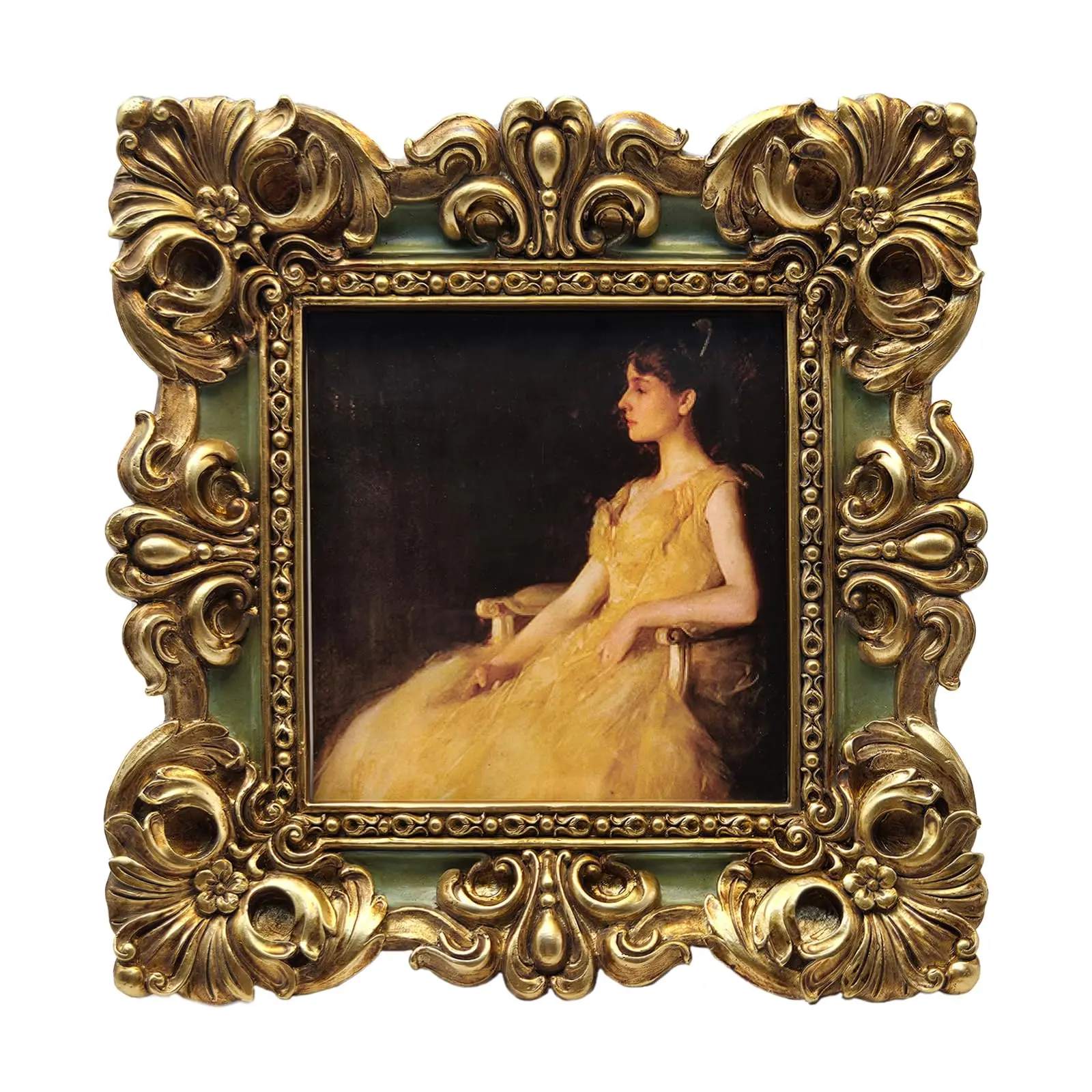 CISOO 4x4 Vintage Square Picture Frame - Antique Baroque Green & Gold Ornate Photo Frame with Real Glass, Pre-Installed Hooks for Vertical Wall Mount & Tabletop Easel, Retro Small Home Decor for Gallery Art & Gifts