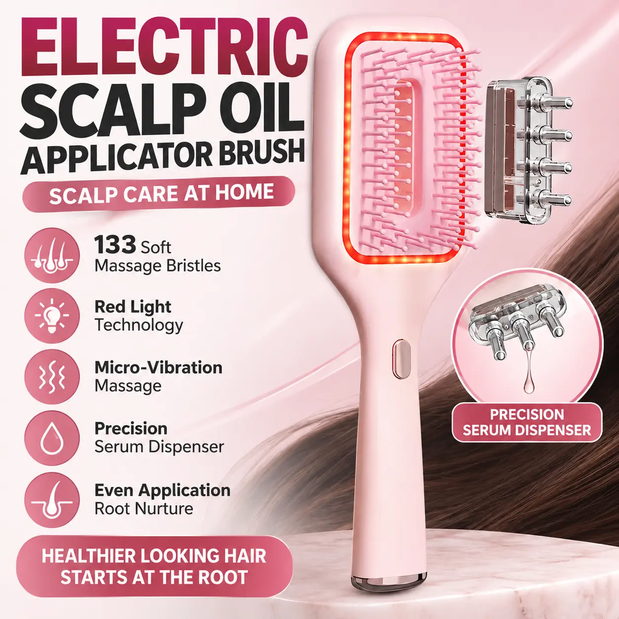 Pink Electric Scalp Oil Applicator Brush with 133 Soft Massage Bristles, Red Light Technology, Micro-Vibration and Precision Serum Dispenser for Even Application and At-Home Scalp Care