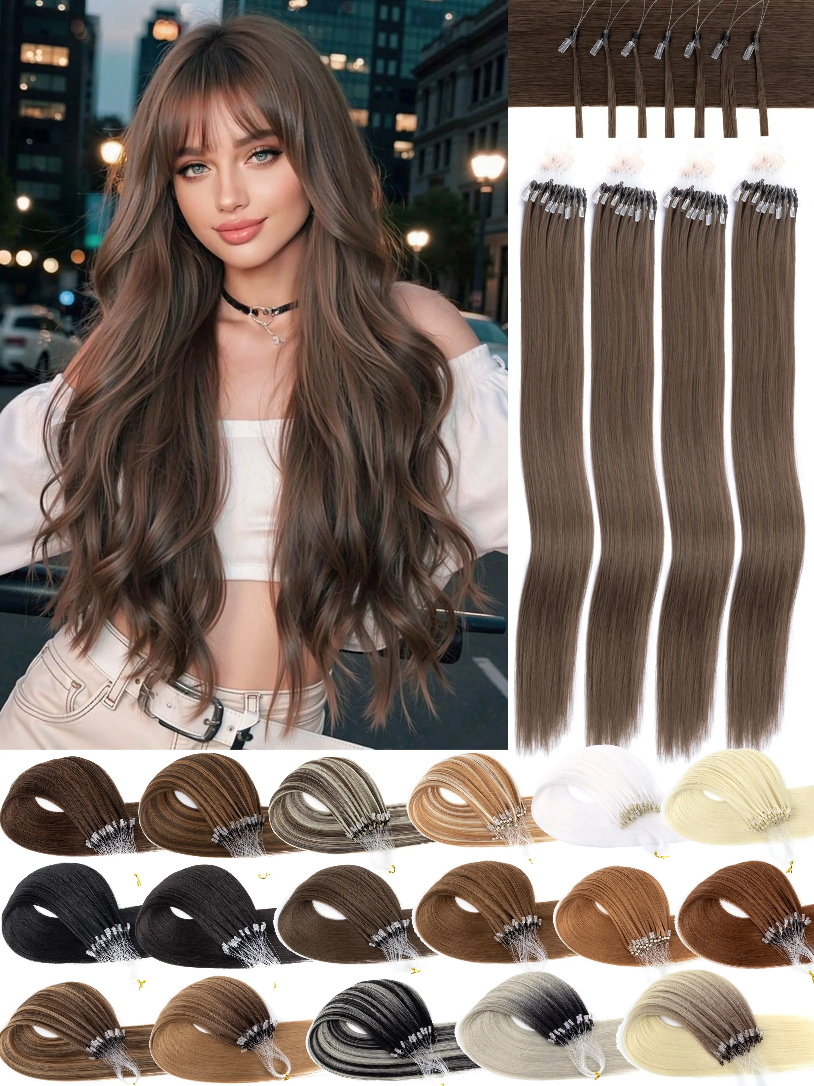 Viral 20inch Synthetic Micro Ring Hair Extensions, Silky Smooth Texture, Multiple Colors, Instant Long Hair, Natural Finish for Events, Realistic Hair Pieces