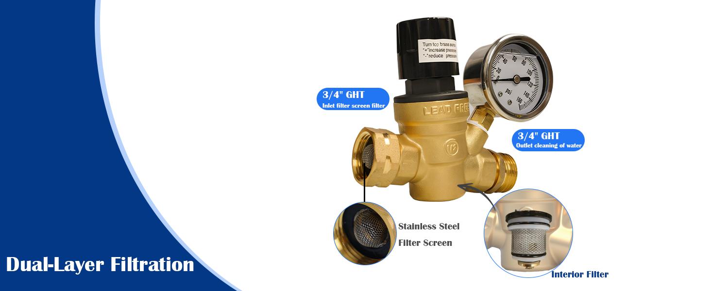 RV Water Pressure Regulator, Adjustable Handle Brass Water Pressure Regulator, Water Pressure Reducer with Gauge and Inlet Screened Filter for RV Camper Travel Trailer