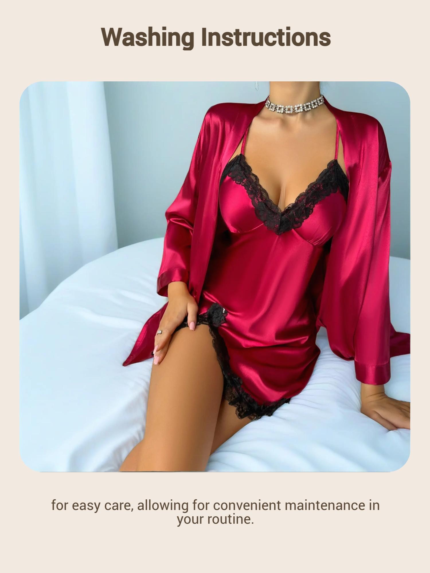 Two-piece Set Women's Solid Belted Satin Robe & Contrast Lace Split Thigh Cami Nightdress, Elegant Comfy Drop Shoulder Long Sleeve Robe & Cami Nightdress Pj Set, Women's Sleepwear for Spring & Fall