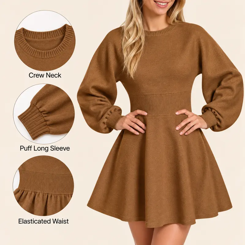 Imily Bela Womens Puff Long Sleeve Sweater Dresses Casual Trendy A-Line Short Mini Dress Fall High Waisted Skater Dress