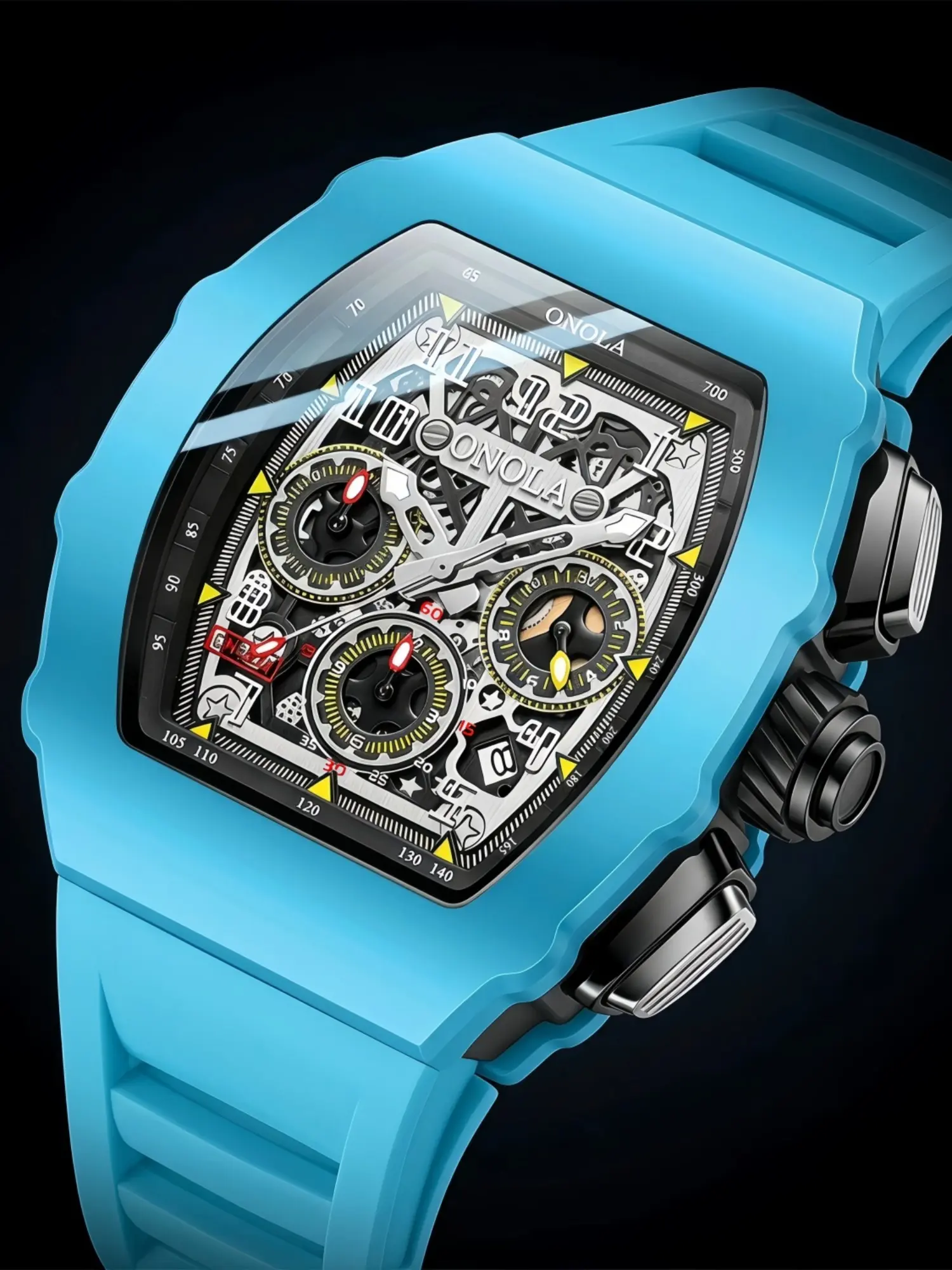 ONOLA Men Tonneau Quartz Watch Chronograph Watches Luxury Fashion Trendy Quartz Watch Luminous Hollow Dial Silicone Strap 30M Waterproof Mineral Glass Large Metal Dial Male Business Watch Daily Commute Gift Watch For Gentleman