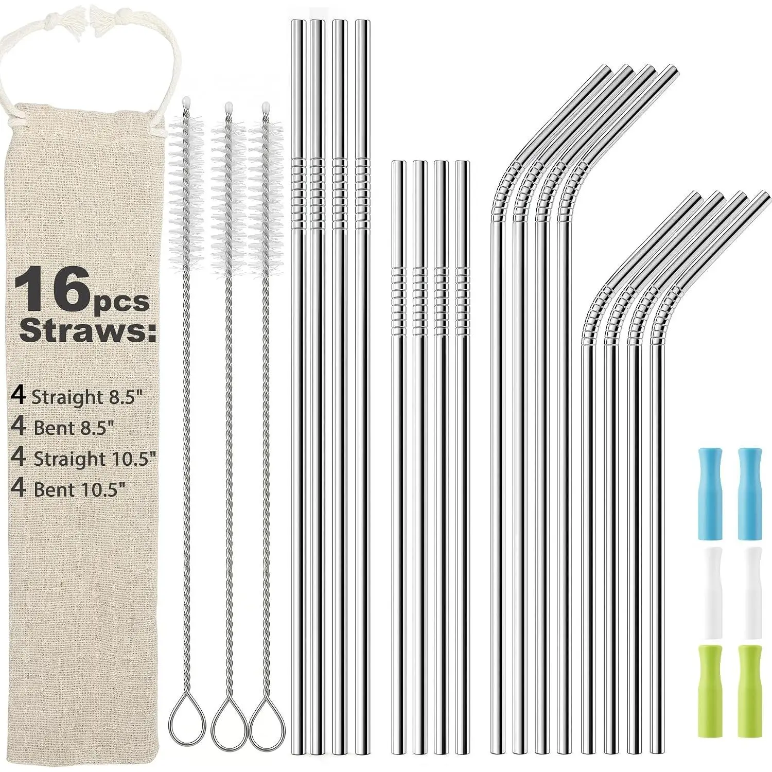Multi-Size Stainless Steel Metal Straws Set (16-Pack) - 8x8.5" + 8x10.5" for Tumblers, 6 Colorful Tips, 3 Cleaning Brushes, Storage Pouch - Long-Lasting Kitchenware Bar Utensils, Straight/Bent