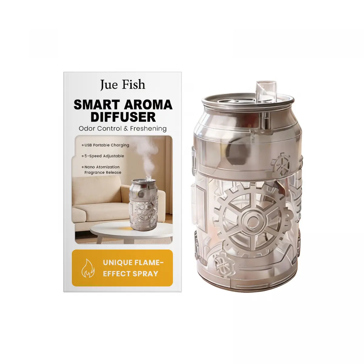 Jue Fish Smart Aroma Diffuser, Can-Shaped Essential Oil Diffuser with USB Rechargeable, Nano Mist & Flame Effect, 5 Modes for Car Home Office
