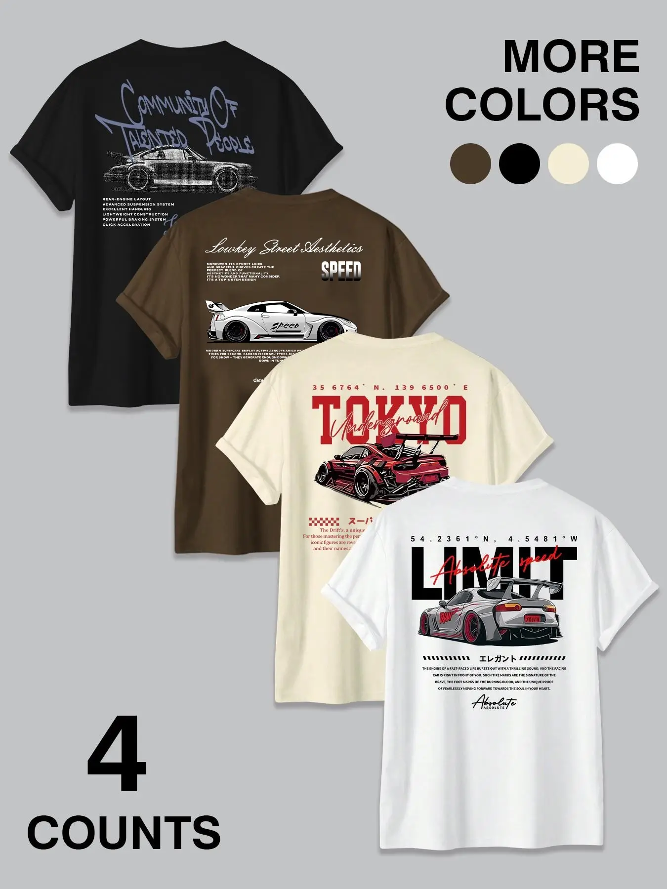 4-Pack JDM Car & Tokyo Street Aesthetic Vibe Graphic Artwork Tee Round Neck Fitted Man T-Shirts, Racing Streetwear Casual Style Tee Set, Menswear