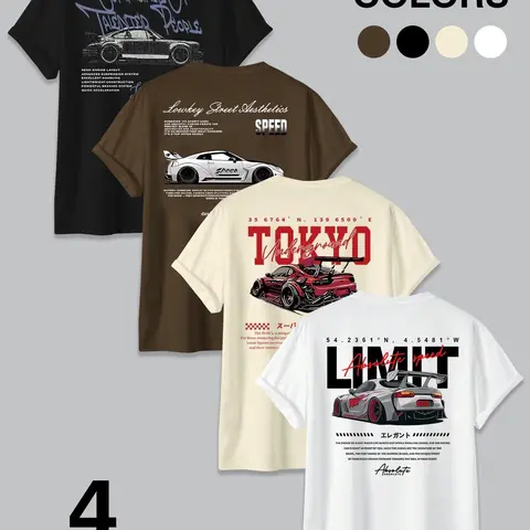 4-Pack JDM Car & Tokyo Street Aesthetic Vibe Graphic Artwork Tee Round Neck Fitted Man T-Shirts, Racing Streetwear Casual Style Tee Set, Menswear
