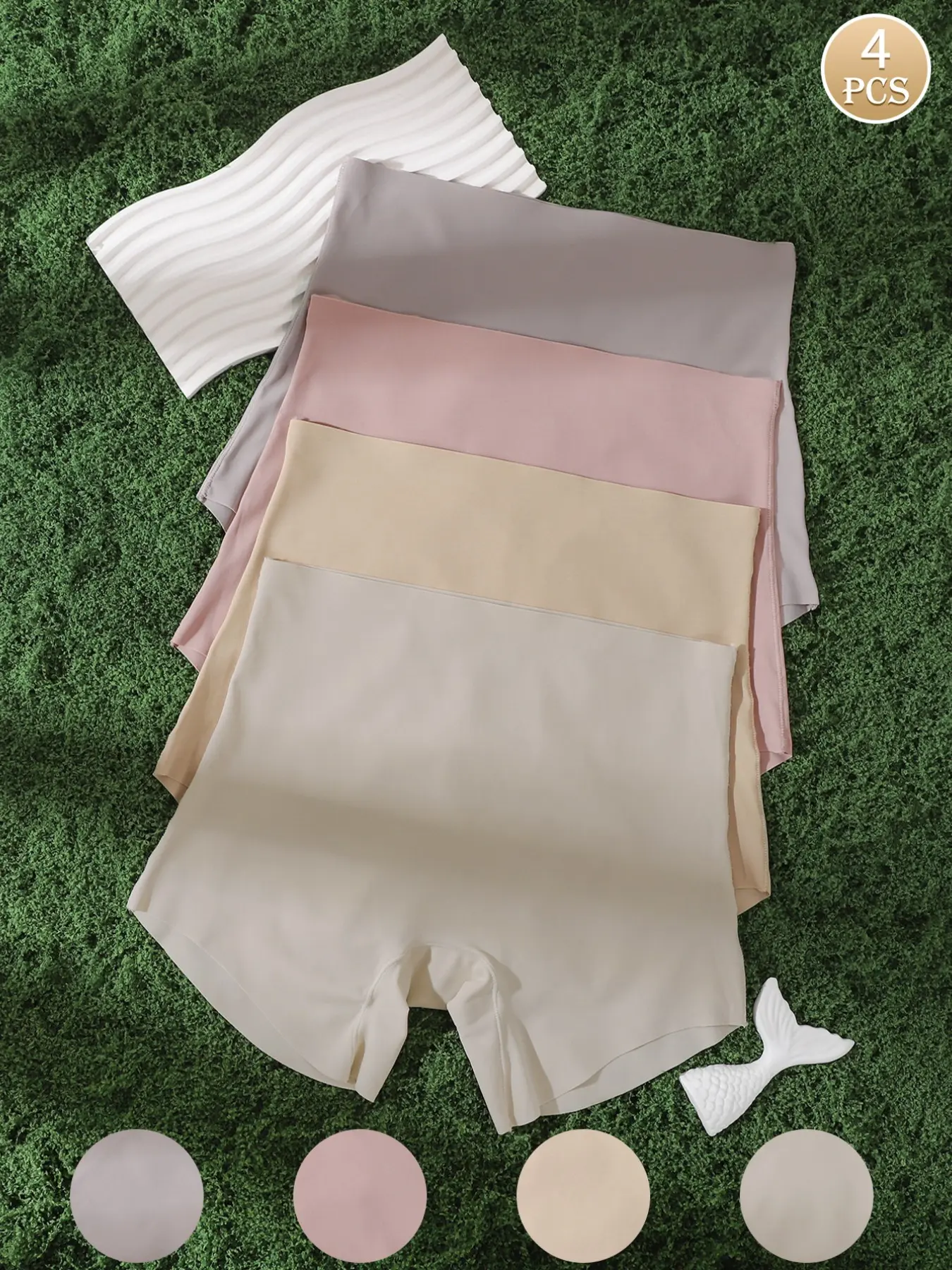4 Pcs Laser Cut Seamless Safety Pants, High Waist Anti-Friction Shorts, Breathable Mid-Length Invisible Style, Soft Nude Colors, Summer