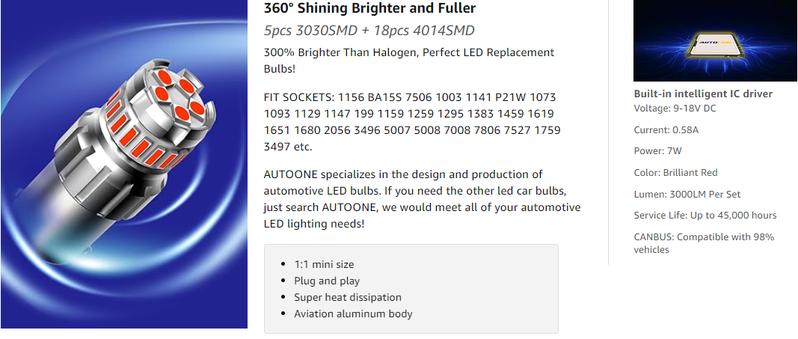 AUTOONE 1156 LED Brake Light Bulbs, 300% Brighter BA15S 7506 1003 1141 P21W Brilliant Red LED Replacement Bulb for Tail Light, Pack of 2