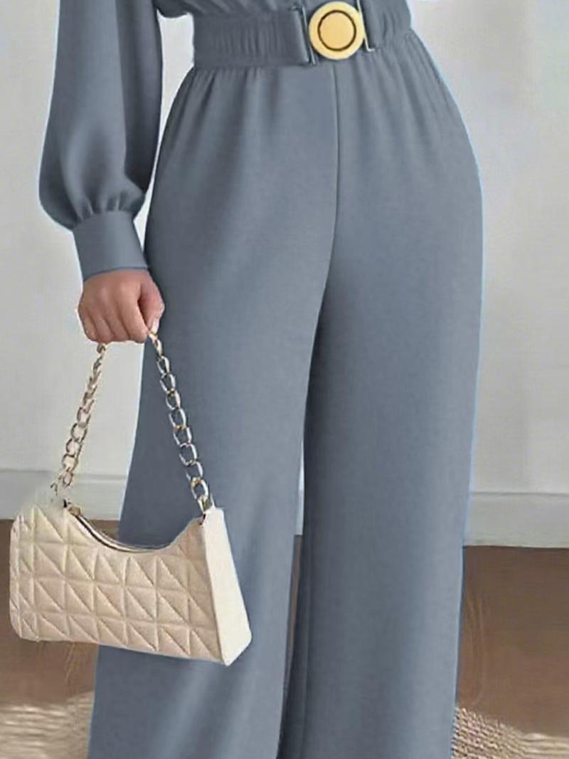 A set of casual women's waist cinched Belted jumpsuit V-neck bubble sleeve wide leg pants, suitable for autumn and winter, suitable for home, indoor, and outdoor wear