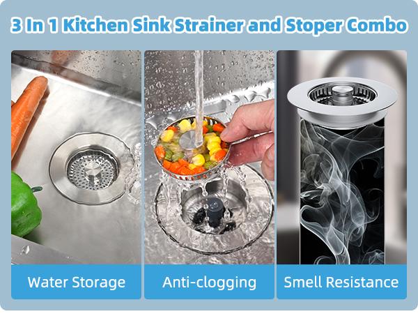 Upgraded 3in1 Kitchen Sink Drain Strainer & Sink Stopper, Stainless Steel Kitchen Drain Plug & Sink Installation Parts with Anti-Clogging Basket, Fit US Standard 3-1/2'' Sink Drain Hole, Silver