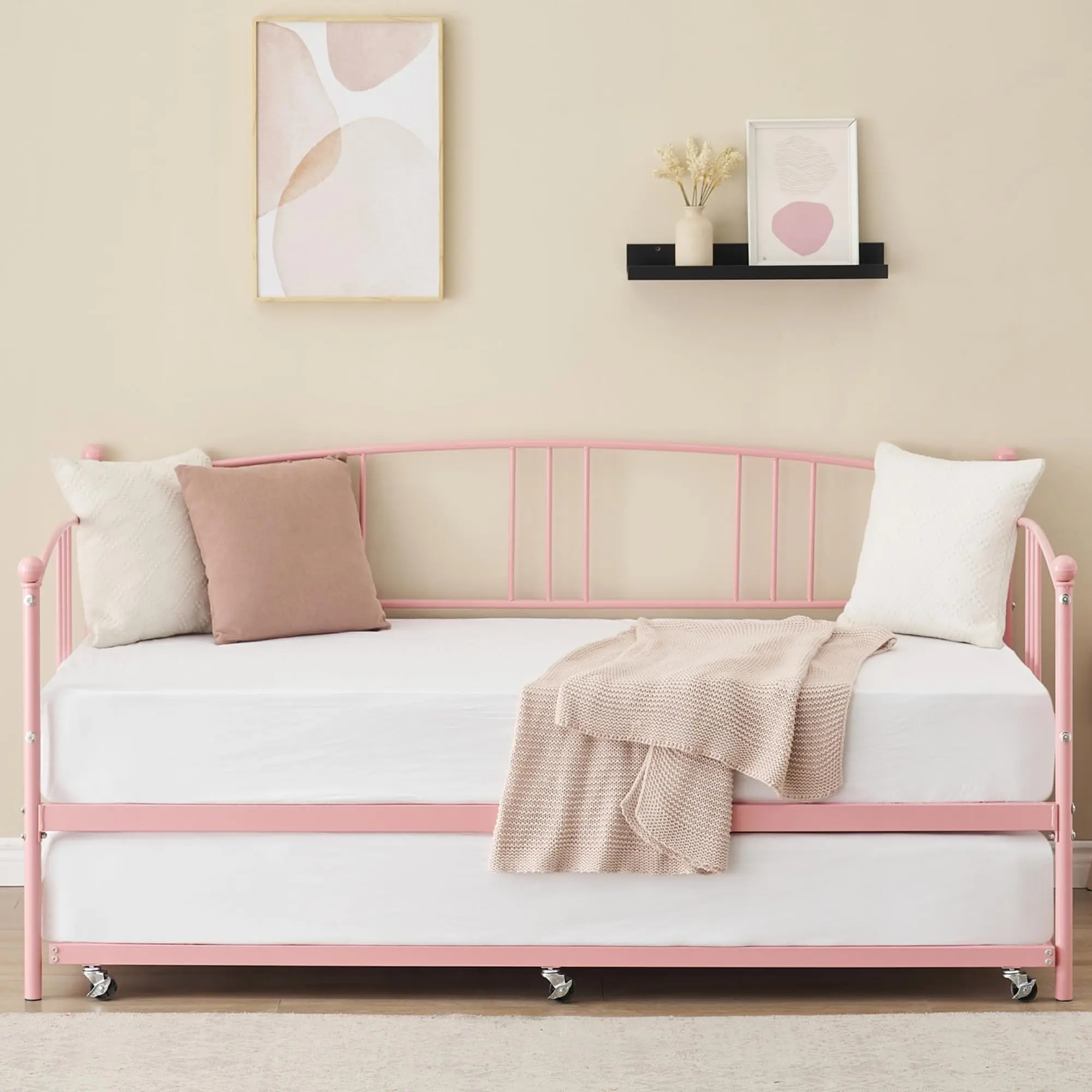 Garvee Twin Metal Frame Daybed with Pull-Out Trundle - Steel Slat Support, 6 Casters, No Box Spring Needed, Easy Setup, Twin Mattress Compatible - Space-Saving, Steel, 2-In-1, Weight Support Beds for Kids, Living Room/Bedroom Modern Home Decor, Space-Savi