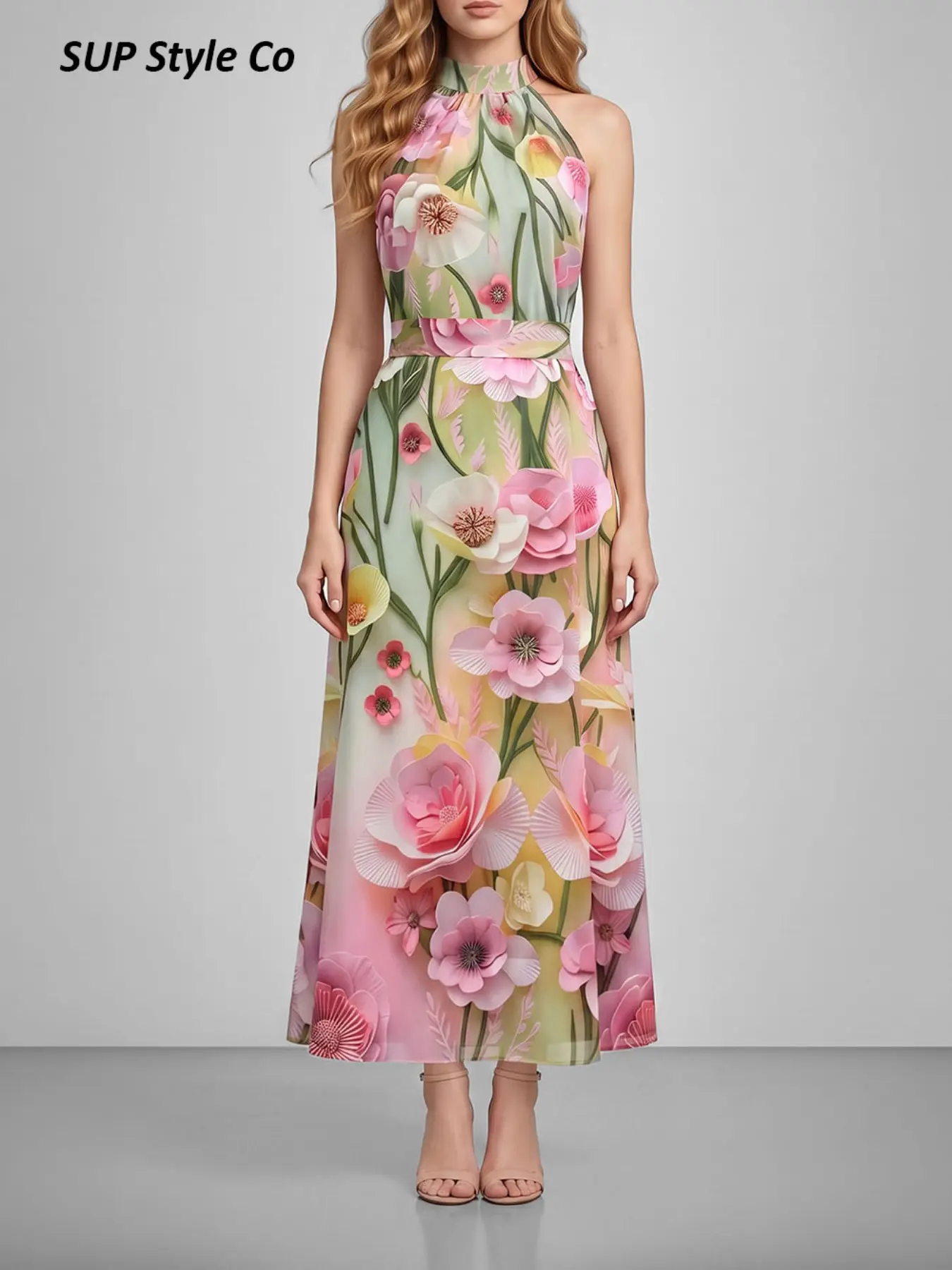 Floral Halter Neck Sleeveless Long Dress for Women, Elegant A-Line Party Gown, Perfect for Graduation and Formal Events, Soft Oil Painting Style