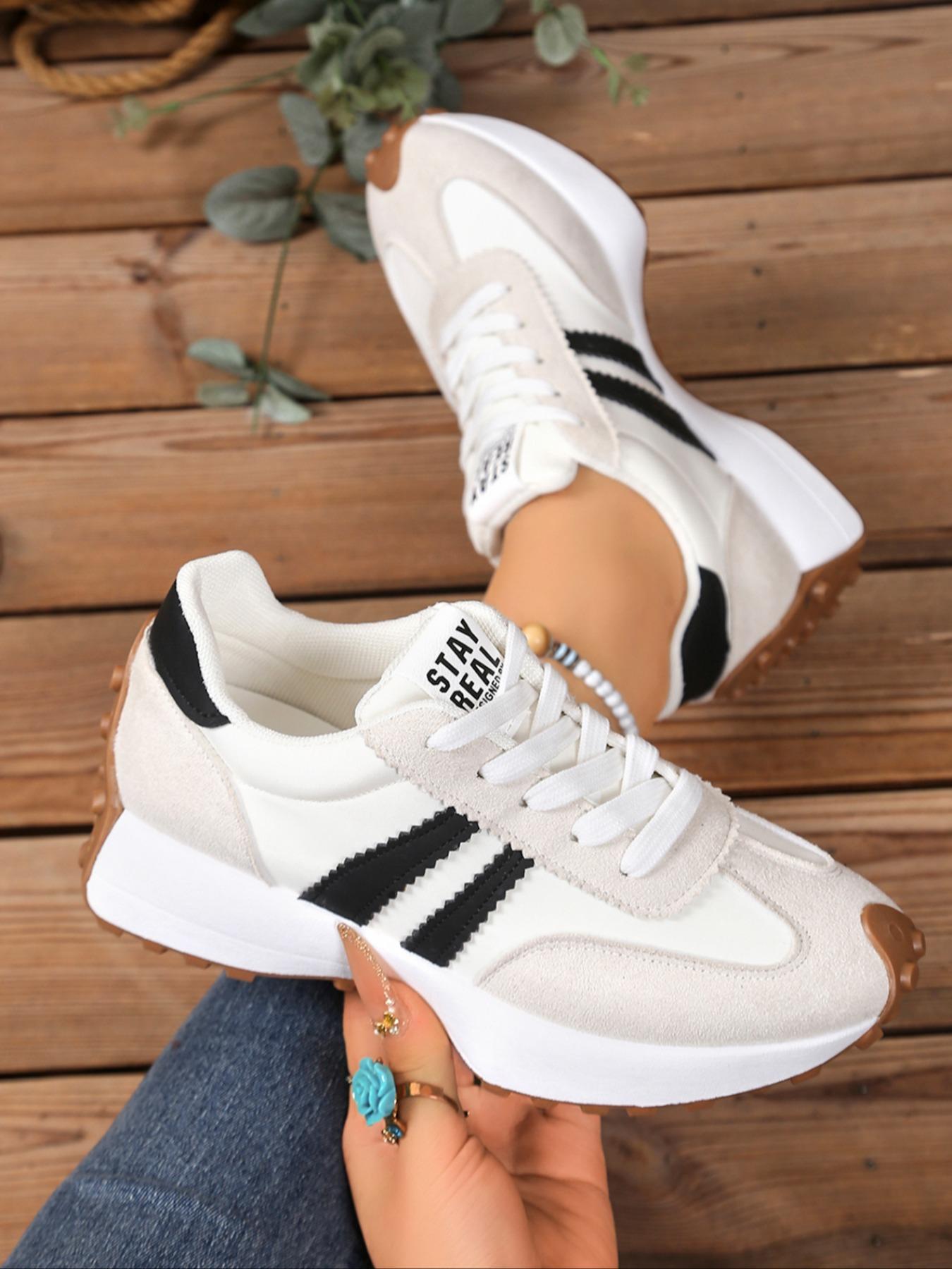 Women's Striped Sporty Shoes, Soft Sole Comfortable Waterproof Casual Sneakers, Breathable Walking Sneakers, Thick Breathable Easy Clean Anti-Slip, Spring & Fall Wear